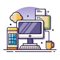 Desktop Computer Icon Vector - Isolated, White Background, Cartoon, Clipart, Line Art, Vector design of a desktop computer icon with a white background, perfect for digital products
