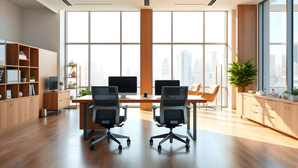 Fototapeta premium Modern office interior with desk chairs and large windows