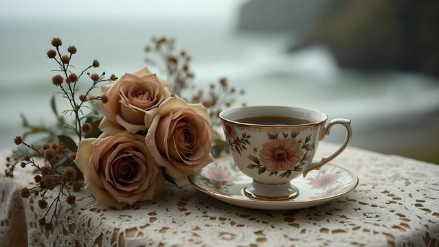 Brown and white teacup on lace at seashore