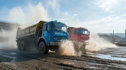 Two dump trucks driving on a muddy road, kicking up dust and water.