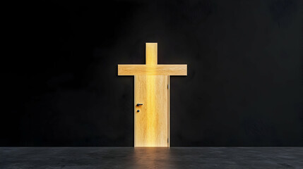 Golden Illuminated Cross Shape Door Against Black Background with Concrete Floor Surface Creates Religious Symbolic Scene of Faith and Hope
