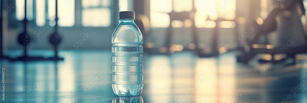 Poster transparent water bottle stands in focus in a blurred gym environment emphasizing hydration during f