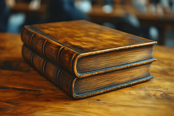 Vintage Brown Leather Bound Book Box On Wooden Table