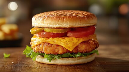 fresh and tasty American homemade hamburger with vegetable and cheese ready to eat.