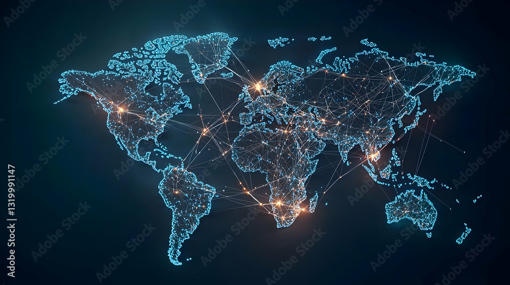 Poster abstract blue world map with glowing dots on dark background representing global network connection 