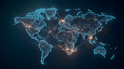 Abstract Blue World Map With Glowing Dots On Dark Background Representing Global Network Connection Technology And Data Communication