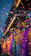 An exuberant and colorful Mardi Gras parade float adorned with dazzling decorations, vibrant colors, and sparkling lights creating a joyful festive atmosphere.