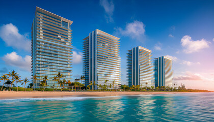 modern skyscraper apartment buildings line a tropical shoreline, offering panoramic ocean views, palm-lined beaches, clear blue waters, and vibrant city living amidst lush coastal surroundings.

