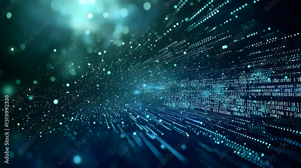 Poster dynamic data stream with glowing blue particles and bokeh effect on dark background representing fut