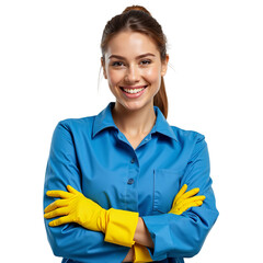 A smiling young woman, likely a cleaning professional, is pictured from the chest up against a white background.
