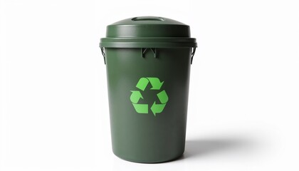 dark green recycling bin with eco-friendly symbol, sustainable waste management container for environmental protection and responsible waste disposal