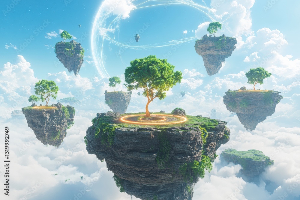 Poster Floating islands bridging portals invite exploration of diverse virtual worlds in an enchanting metaverse landscape