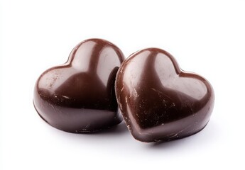 Obraz premium Two heart-shaped chocolates placed on a white background.