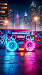 a neon-lit 80s boombox pulses energetically, bouncing to rhythmic beats, set against vibrant urban graffiti walls and lively night citylife, capturing retro vibes and dynamic street culture energy
