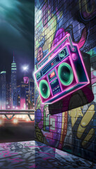 a neon 80s boombox pulses and bounces to the beat of the music, set against the backdrop of vibrant night city life and urban graffiti walls, capturing the essence of retro street culture