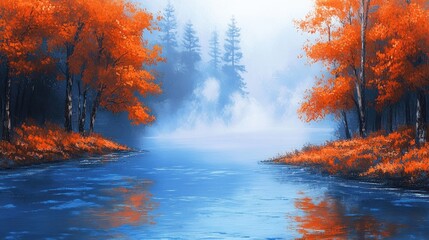 Autumnal Serenity: A Misty River Reflecting Fiery Fall Foliage