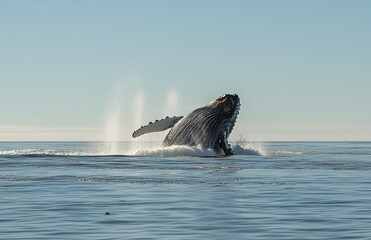 Fototapeta premium A majestic humpback whale breaching the surface of the ocean, its massive body creating a giant splash as it leaps into the air against a backdrop of a clear blue sky