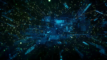 Abstract Futuristic Data Flow With Glowing Blue Particles In Digital Cyberspace Showing Information Technology And Quantum Computing