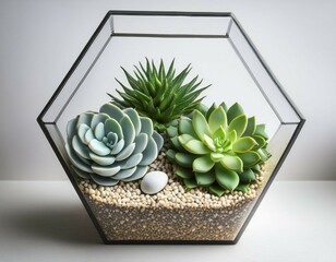 three artificial succulents in modern glass planter with decorative stones and grains