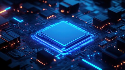 Glowing Blue Central Processing Unit on Motherboard