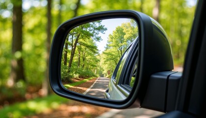 car side mirror reflecting scenic green forest road, peaceful nature drive capturing summer travel vibes and outdoor adventure