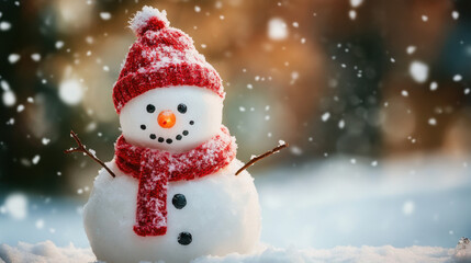 Fototapeta premium Charming Snowman with Red Hat and Scarf in Winter Wonderland Scene
