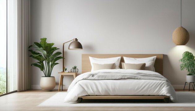 a bedroom with a white bed a potted plant and a lamp