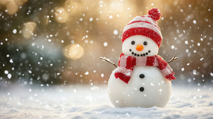 Cheerful Snowman in a Winter Wonderland with Gentle Snowfall