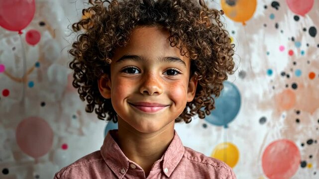 Portrait of a Smiling Child Against a Festive Balloon Background