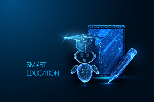  AI tutor with graduation cap, tablet, and pencil. Smart education, e-learning vector concept.