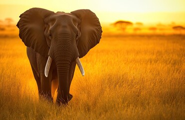 Naklejka premium A wise elephant with large tusks walking through the lush landscape embodying strength and majesty in nature perfect for wildlife conservation campaigns and educational materials