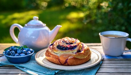 a delicious sweet breakfast outdoors in the yard of the house a freshly baked blueberry bun with cinnamon on a plate a cup of tea and a teapot are nearby