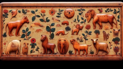 Vintage Wooden Carving of Exotic Animals and Floral Design