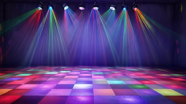 A vibrant and colorful dance floor illuminated by dynamic stage lights, creating a festive atmosphere perfect for parties and events.