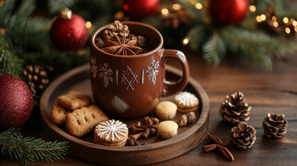 A brown ceramic mug with sweets and aromatic spices arranged on a wooden tray, adorned with a festive Christmas garland