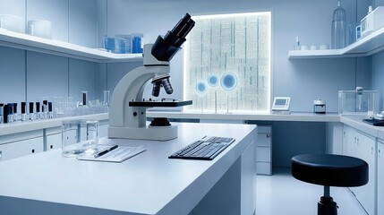 A modern laboratory scene featuring a microscope, glassware, and a bright window, emphasizing a clean and organized workspace for scientific research.