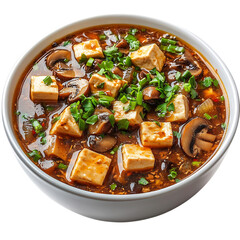 A Bowl of Chinese Hot and Sour Soup with Tofu and Mushrooms Isolated on Transparent Background