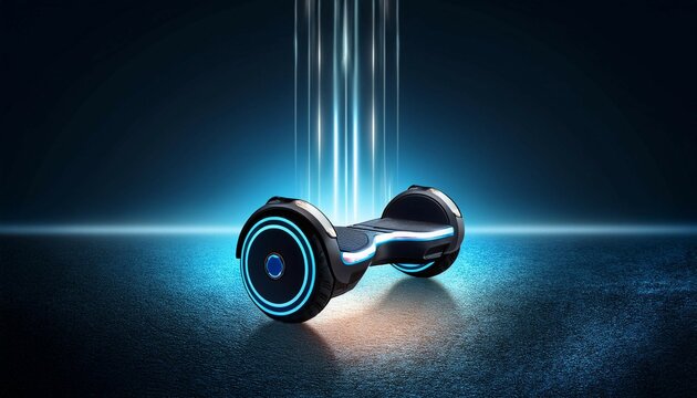 futuristic electric hoverboard with led lights on dark background