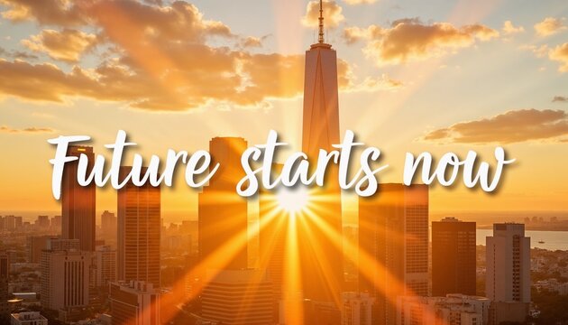 inspirational sunrise over modern city skyline with motivational quote future starts now, bright sun rays symbolizing new beginnings, success, and optimism - Powered by Adobe