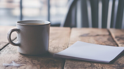 A coffee mug and a piece of paper resting on a wooden table