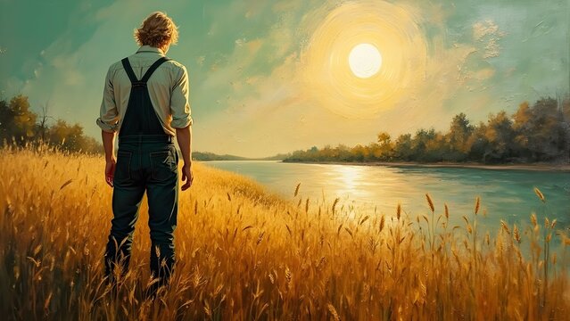 Farmer in arable field beside river