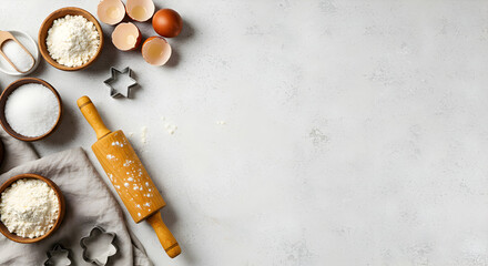 Culinary preparation concept with various baking ingredients and kitchenware