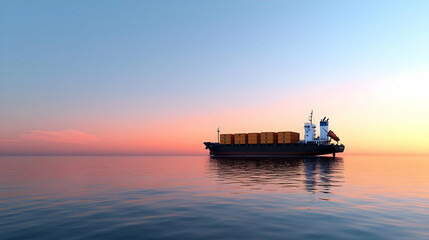 Fototapeta premium Cargo Ship Sailing on Calm Ocean Waters at Sunset under Orange and Blue Sky
