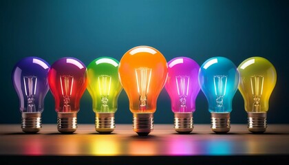 colorful light bulbs in row innovation and creativity concept featuring a glowing light bulb representing smart decision making strategic planning and breakthrough business ideas