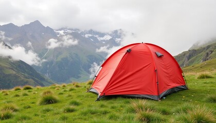 red camping tent in scenic mountain landscape with green grass and misty peaks, outdoor adventure and wilderness exploration in remote nature