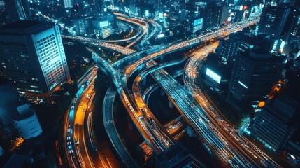 Obraz premium Night Metropolis: Aerial View of a City's Illuminated Highway Interchange