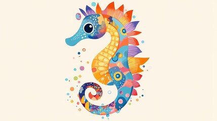 Obraz premium Adorable cartoon seahorse with a colorful pattern on a plain background