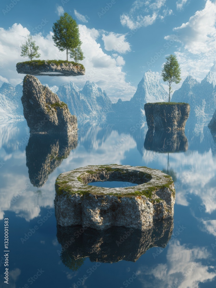 Aufkleber floating islands connected by portals explore different virtual worlds in a serene landscape with mo