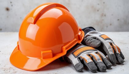 orange construction hard hat and protective gloves on light industrial background, essential safety equipment for workers in honor of labor day and workplace protection
