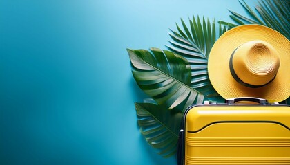 summer travel essentials on blue background yellow suitcase straw hat and tropical leaves vacation planning concept with luggage and accessories banner with copy space